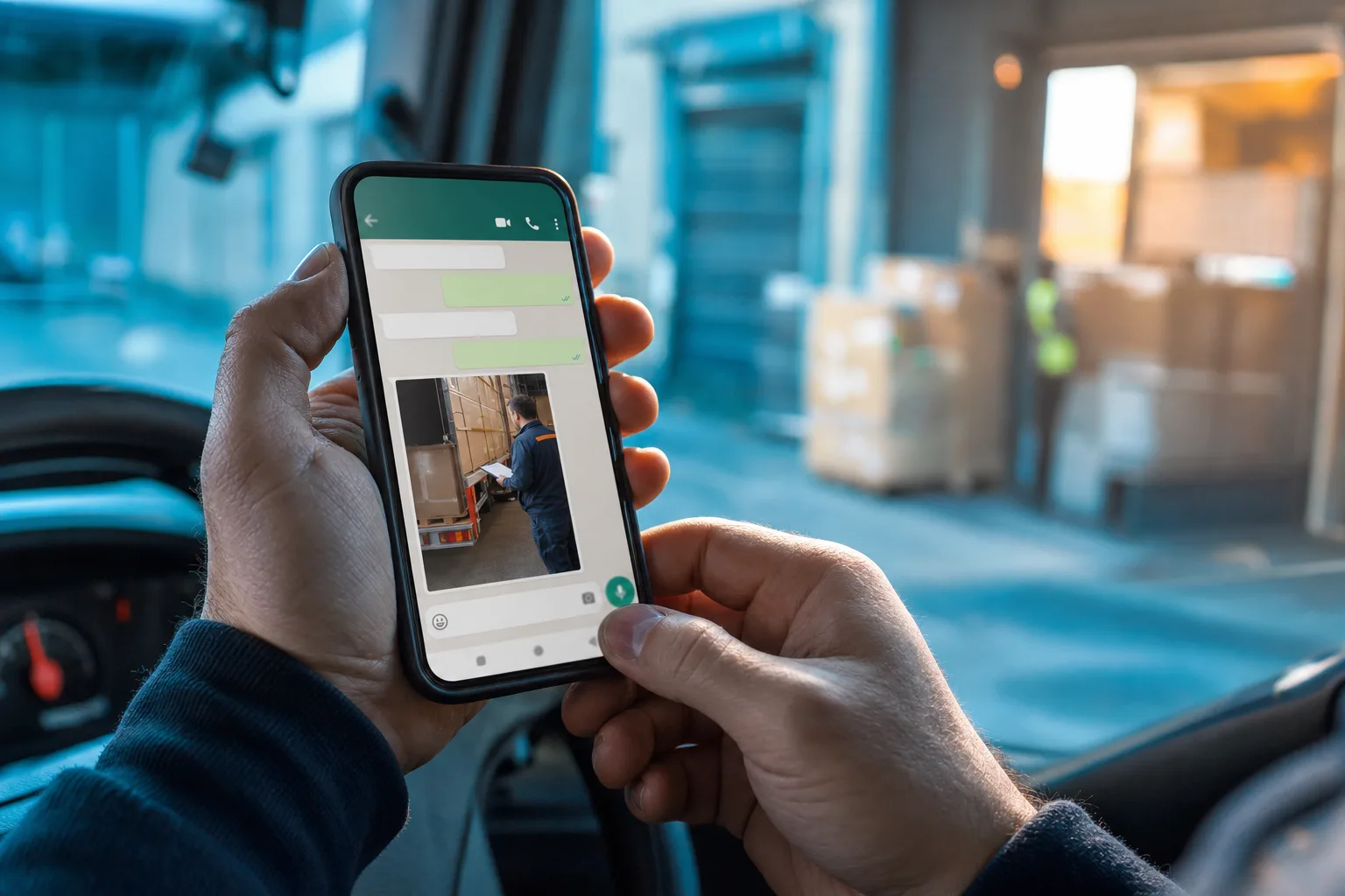 Motorista enviando comprovante pelo WhatsApp na doca